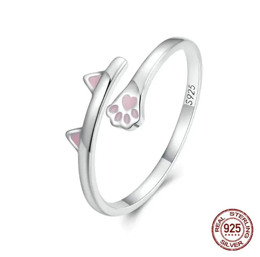 Silver Pink Cat Opening Ring
