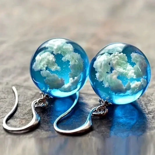 Exquisite Blue Sky and White Cloud Glass Ball Earrings