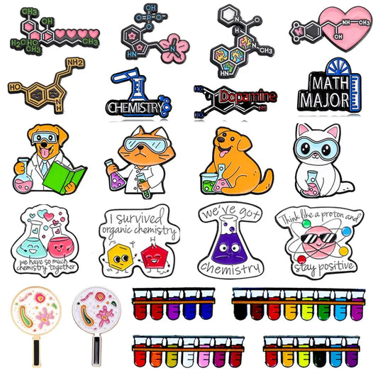 Creative Science Brooch Chemistry Rainbow Test Tube DNA Microscope Molecular Formula Cat Dog Doctor Badge Punk Lapel Pin Jewelry